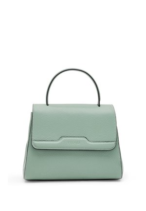 Petit sac à main structuré en cuir texturé vert clair avec poignée supérieure et fermeture à rabat avant.