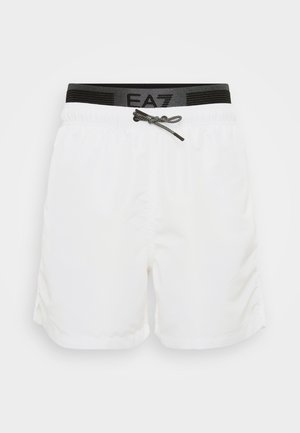 Pantaloni da bagno bianchi con elastico nero in vita dotato di cordino e logo "EA7". Tessuto liscio con un design semplice e pulito.