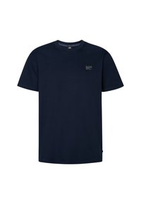 Námořnická modrá tričko s krátkým rukávem z bavlny, s malým obdélníkovým logem na hrudi a kulatým výstřihem.