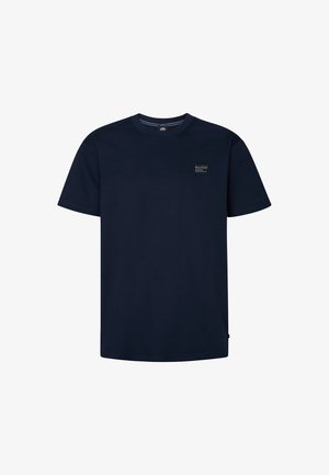 T-shirt à manches courtes bleu marine en coton, arborant un petit patch logo rectangulaire sur la poitrine et un col rond.