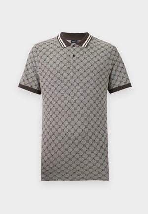 Graues Polo-Shirt mit kurzen Ärmeln und schwarzem geometrischem Muster, dunkelbraunem Kragen und Ärmelbündchen sowie Knopfleiste mit zwei Knöpfen.