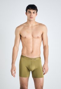 Olivinių spalvos boxeriai, prigludę prie kūno, su juodu Calvin Klein logotipu ant juosmens. Lygus tekstūros paviršius ir šlaunų vidurio ilgio.