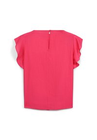 Top a maniche corte di un vivace rosa, caratterizzato da una texture a coste, apertura a chiave sulla schiena e maniche a flusso per un tocco di dettaglio in più.