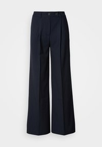 Pantaloni a gamba larga a righe sottili blu navy con due bottoni frontali, design su misura, piega lungo la parte anteriore e una texture liscia.