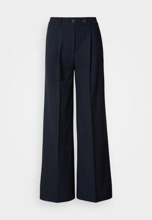 Navy hlače s prugicama i širokim nogavicama sa dva prednja gumba, krojene, s pregibom sprijeda i glatkom teksturom.
