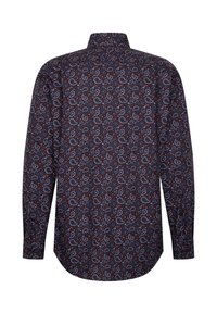 Langärmeliges Hemd in Dunkelblau mit Paisley-Muster in Hellblau und Weiß. Verfügt über einen Standardkragen und einen abgerundeten Saum.