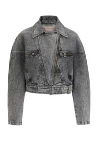 Avskuren grå denimjacka med långa ärmar, stor krage, två framfickor med dragkedja och en distinkt sned dragkedjestängning. Har iögonfallande sömmar.