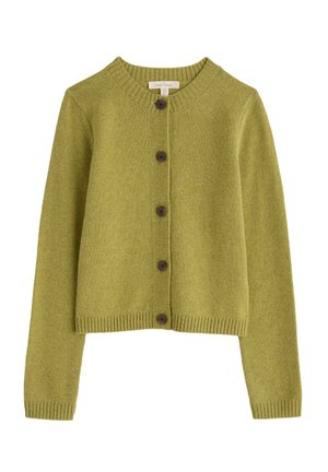 Green wool cardigan with a round neckline, ribbed cuffs, and five dark brown buttons along the front. Soft texture and cropped design.