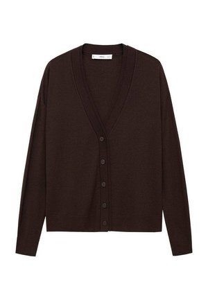 Brown cardigan with a deep V-neck, six button closure, and ribbed trim. Made from soft fabric, featuring long sleeves and a relaxed fit.