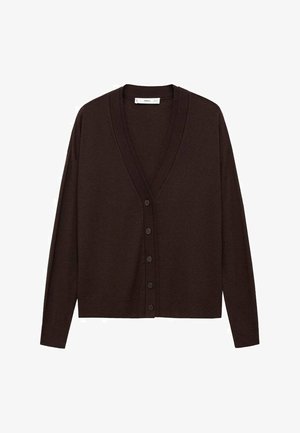 Brown cardigan with a deep V-neck, six button closure, and ribbed trim. Made from soft fabric, featuring long sleeves and a relaxed fit.