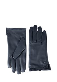 Black leather gloves featuring a smooth texture, four-finger design, and three-button accent on the cuff.