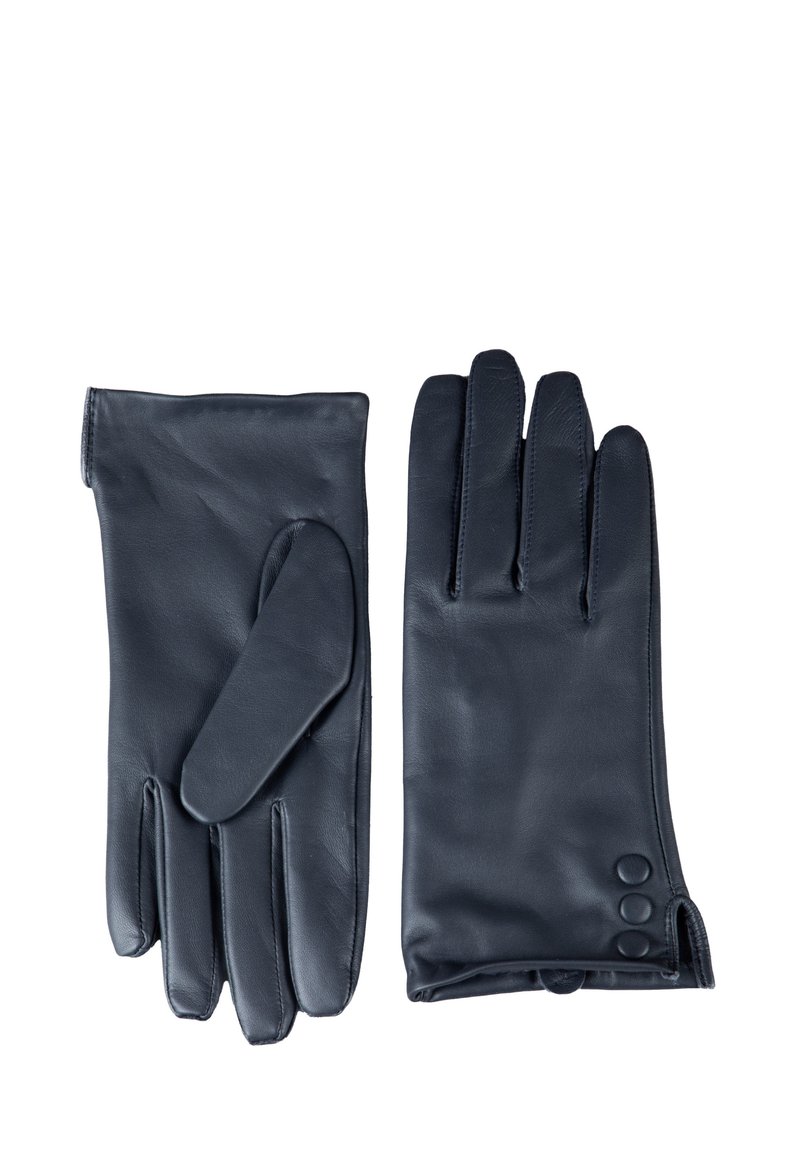 Black leather gloves featuring a smooth texture, four-finger design, and three-button accent on the cuff.