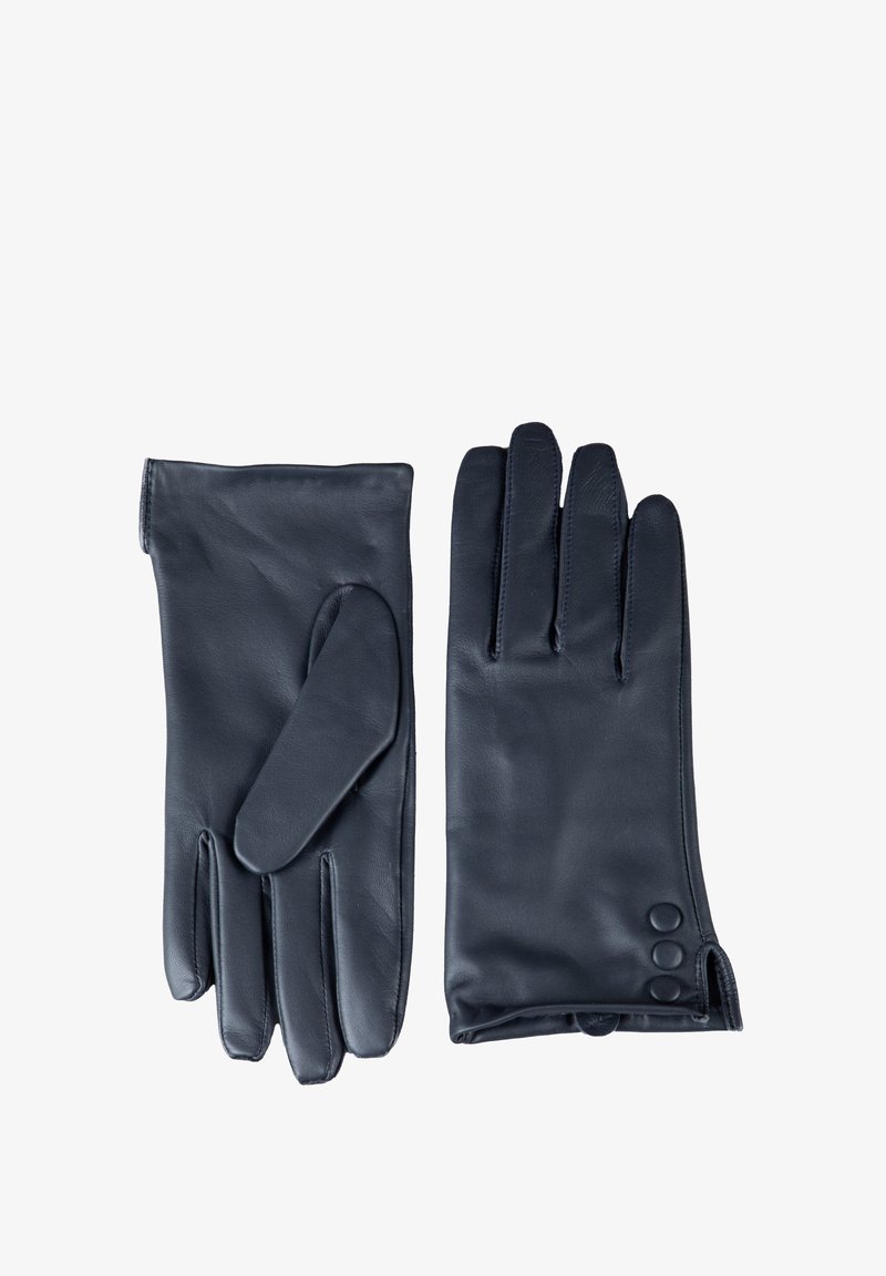 Black leather gloves featuring a smooth texture, four-finger design, and three-button accent on the cuff.