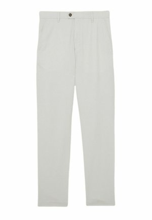 Šviesiai smėlio spalvos vyriškos kelnės su diržo kilpomis, šoniniais kišenėmis, priekine sagų užsegimu ir tiesioginio kirpimo kojų apačia.