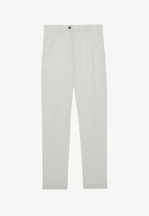 Šviesiai smėlio spalvos vyriškos kelnės su diržo kilpomis, šoniniais kišenėmis, priekine sagų užsegimu ir tiesioginio kirpimo kojų apačia.