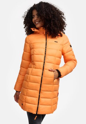 Orange puffer jacket with a hood, featuring a quilted design, front zipper, and side pockets. Textured fabric with a smooth finish.