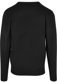 Svart långärmad tröja med rund halsringning, ribbade mudd och en slät textur. Enkel design utan synliga mönster eller detaljer.
