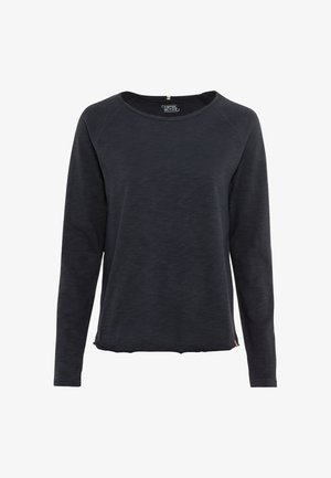 Dark long-sleeve crew neck sweatshirt made of textured fabric. Features raglan sleeves and a slightly curved hem with a brand tag.