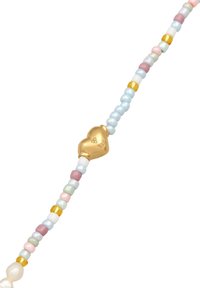 Colorful beaded bracelet featuring pastel beads in pink, blue, and green, with a central gold heart-shaped accent marked "925."
