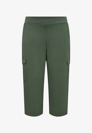 Pantaloni cargo verdi realizzati in morbido e leggero tessuto. Presentano tasche laterali e una vita elastica per comfort e libertà di movimento.