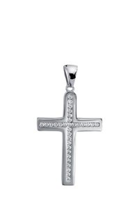 Pendentif croix en argent avec une finition polie et une rangée de pierres précieuses claires le long du centre, équipé d'une grande bélière pour l'accrocher.