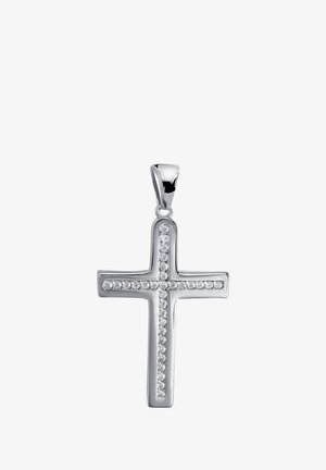Pendentif croix en argent avec une finition polie et une rangée de pierres précieuses claires le long du centre, équipé d'une grande bélière pour l'accrocher.
