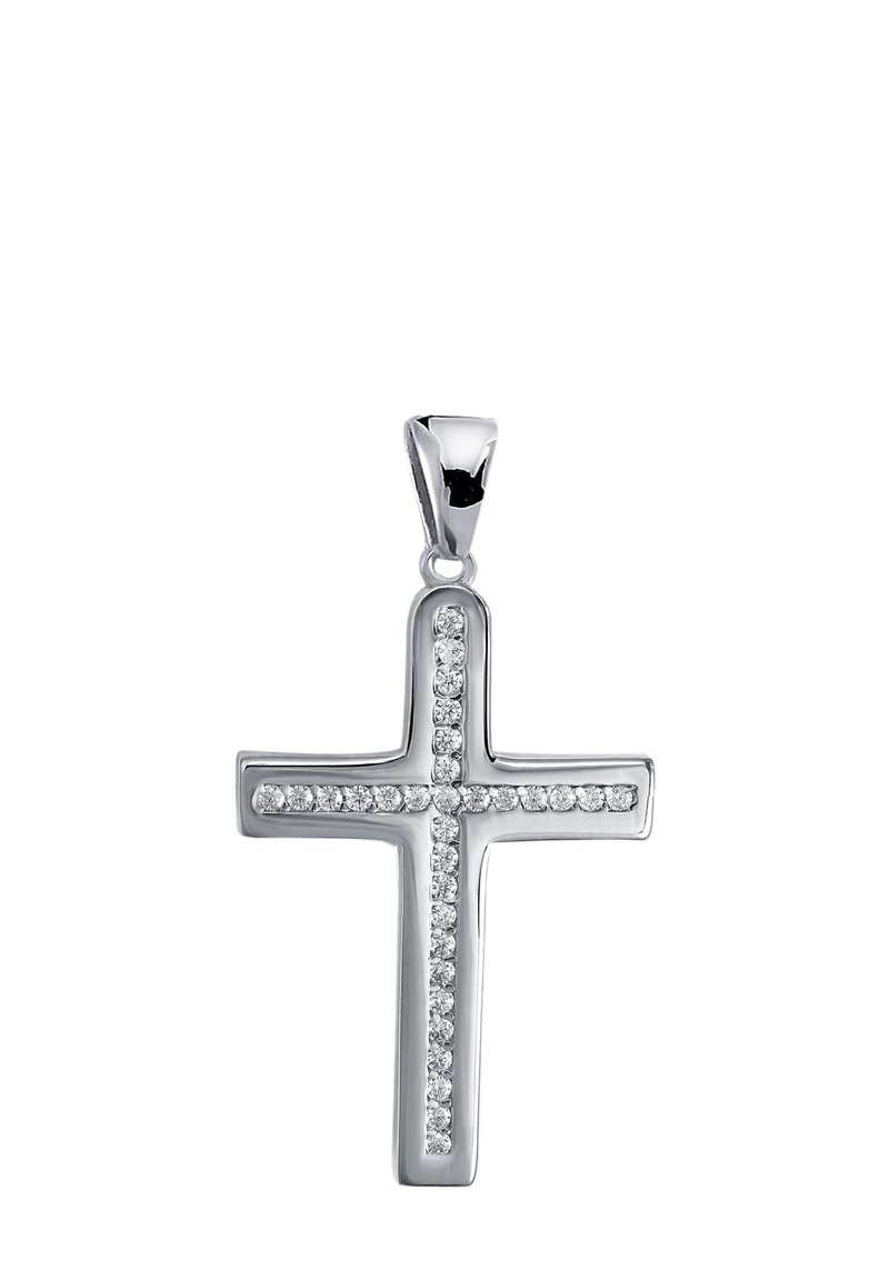Pendentif croix en argent avec une finition polie et une rangée de pierres précieuses claires le long du centre, équipé d'une grande bélière pour l'accrocher.