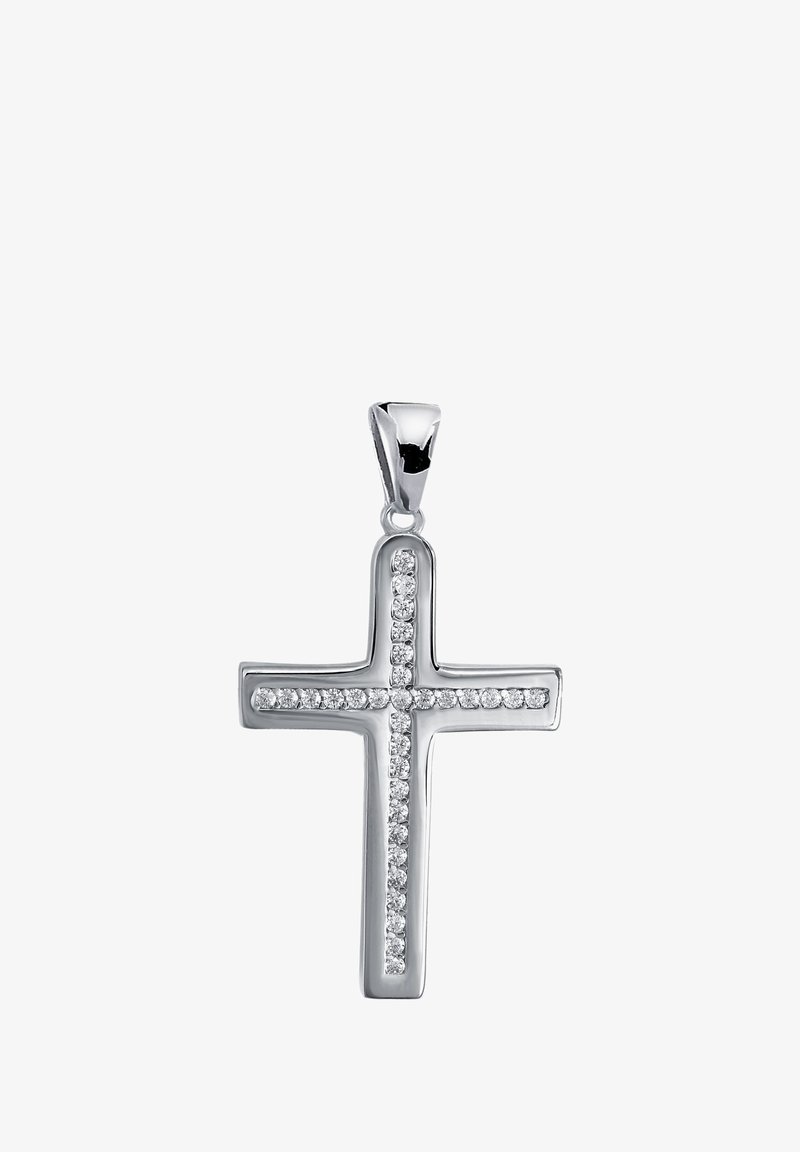 Pendentif croix en argent avec une finition polie et une rangée de pierres précieuses claires le long du centre, équipé d'une grande bélière pour l'accrocher.