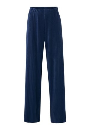 Pantalones de pierna ancha azul marino con cintura elástica y sutil textura acanalada vertical, diseñados para un uso casual o semi-formal.