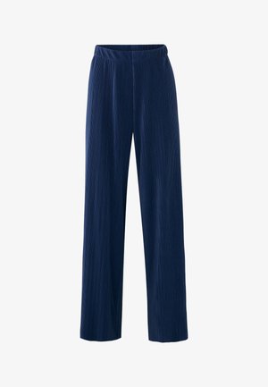 Pantalones de pierna ancha azul marino con cintura elástica y sutil textura acanalada vertical, diseñados para un uso casual o semi-formal.