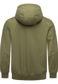 Olijfgroene jas met een capuchon, gemaakt van gladde stof. Kenmerkt zich door ribgebreide manchetten en een onderrand, met een klein merklabel aan de onderkant.