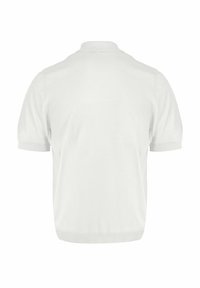 Witte polo met korte mouwen, voorzien van een klassieke kraag, ribgebreide boorden en een gladde textuur, met een minimalistisch ontwerp. Geen zichtbare logo's.