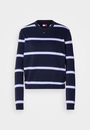 Marine stripete genser med horisontale hvite striper, ribbestrikket rund hals og tettsittende mansjetter. Laget av mykt strikket stoff.