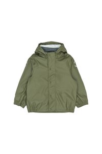 Olivgrüne wasserdichte Jacke mit Kapuze, Druckknopfverschluss, elastischen Bündchen und einem grauen Innenfutter. Mit reflektierenden Akzenten an den Ärmeln.