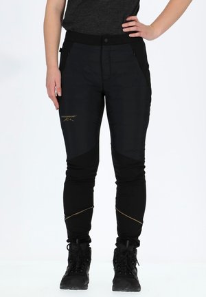 Black outdoor pants with a sleek design, featuring a quilted front, adjustable waistband, side pockets, and golden accents on seams.
