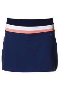Skort de color navy con una cinturilla ajustada que presenta bandas de contraste en blanco y coral. Fabricado con una tela elástica, adecuado para deportes o uso casual.