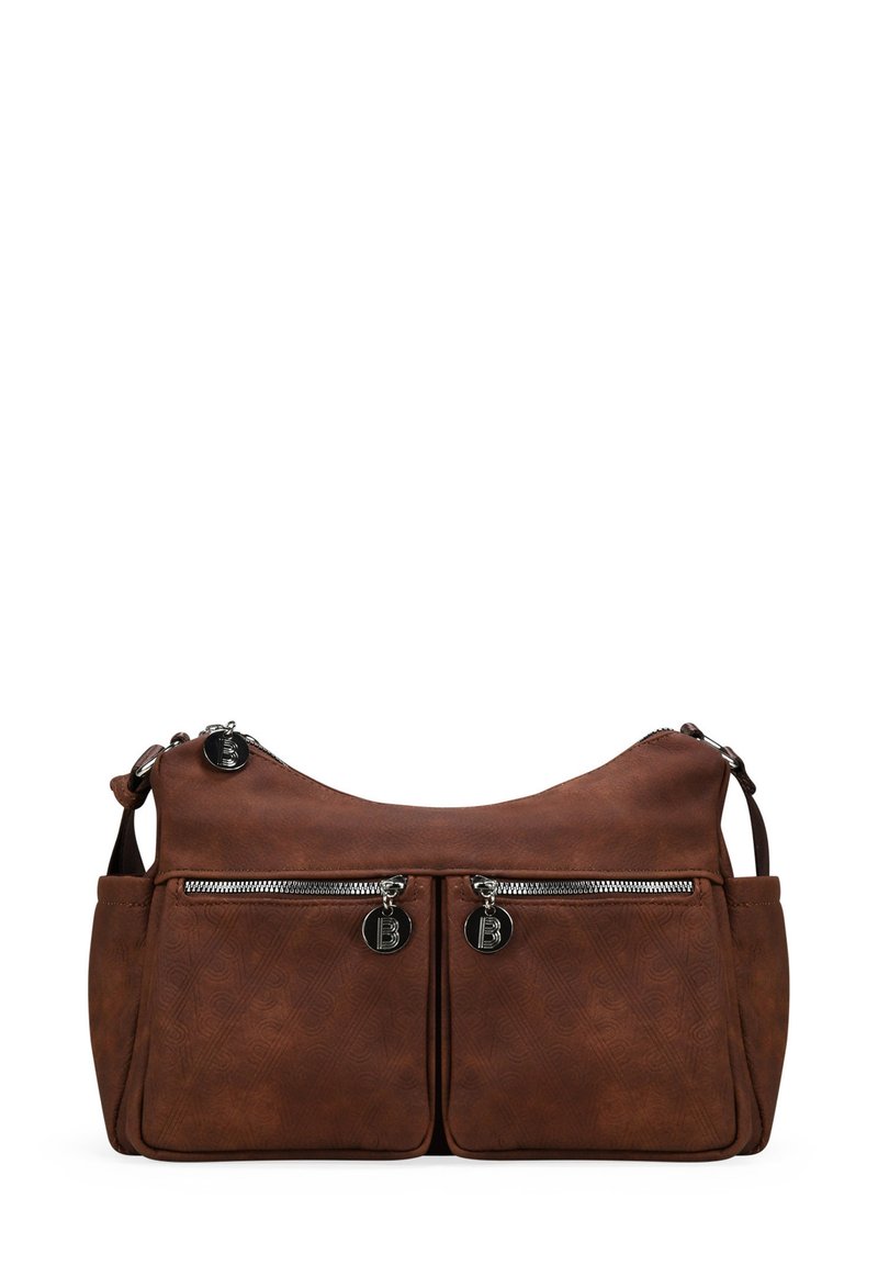 Bolso de hombro de cuero marrón con dos bolsillos frontales con cremallera, parte superior curva y correa ajustable. Presenta detalles texturizados y herrajes plateados.