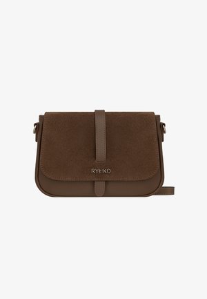 Brązowa torebka crossbody ze skóry i zamszu z klapką i detalem na pasku, z logo "RYŁKO" na środku z przodu.