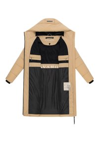 Beige padded jacket with a black interior, zippered pockets, and an inner label. Features a hood and elastic cuffs for added warmth.