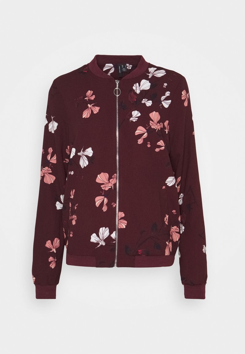 Giacca bomber color bordeaux con motivo floreale in rosa e bianco. Realizzata in tessuto morbido con chiusura a zip e polsini a costine.