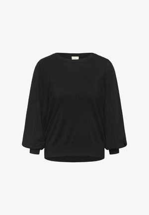 Črna jopica z okroglim izrezom in teksturiranimi, napihnjenimi rokavi. Narejena iz mehkega pletenega materiala, z ohlapen krojem in rebrastim robom.
