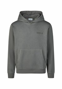 Gray hoodie made of cotton blend material, featuring a front kangaroo pocket, ribbed cuffs, and a subtle logo detail on the chest.