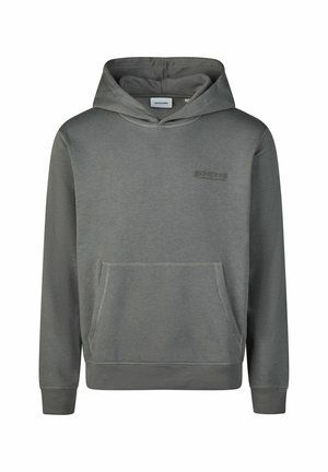 Szary hoodie wykonany z materiału z mieszanki bawełny, z przednią kieszenią typu kangur, ribbowanymi mankietami i subtelnym detalem logo na klatce piersiowej.