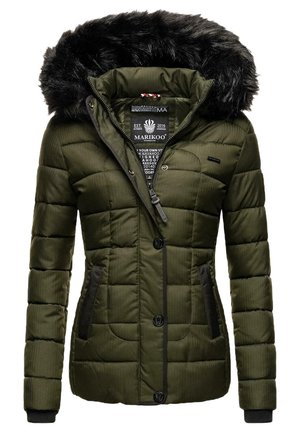 Groene geïsoleerde jas, gequilt ontwerp, met bont afgewerkte capuchon, rits- en knoopsluiting, zijzakken met zwarte accenten, ribgebreide manchetten.