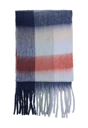 Wollen sjaal met een ingeweven ruitpatroon in tinten van marineblauw, blauw, crème en rood, met franjes aan de uiteinden en een zachte textuur.
