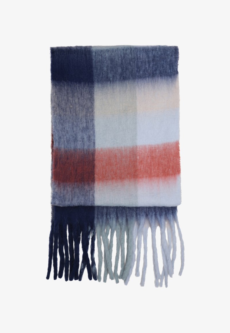 Wollen sjaal met een ingeweven ruitpatroon in tinten van marineblauw, blauw, crème en rood, met franjes aan de uiteinden en een zachte textuur.