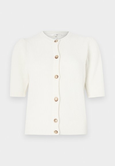 White ribbed knitted cardigan, featuring short sleeves and a round neckline, fastened with six cream-colored buttons along the front.