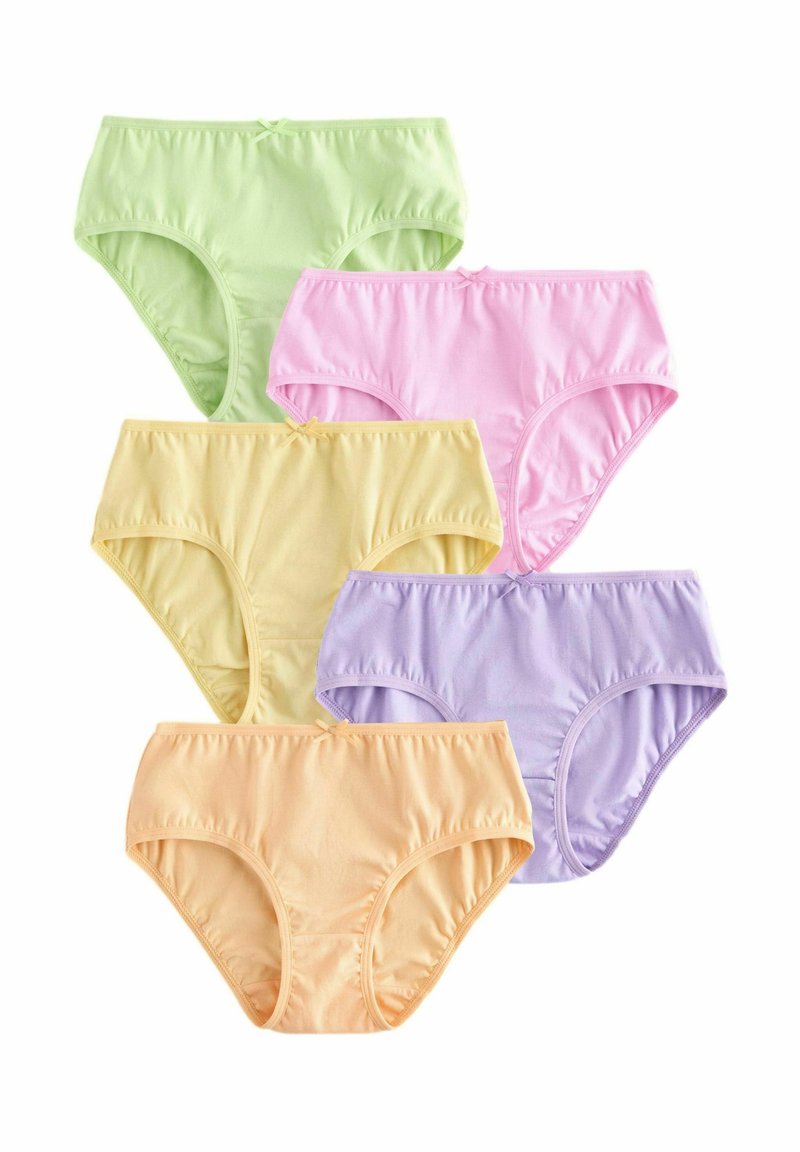 Sex par bomullstrusor i pastellfärger: grön, rosa, gul, orange och lila, med rynkade elastiska kanter och små rosetter.