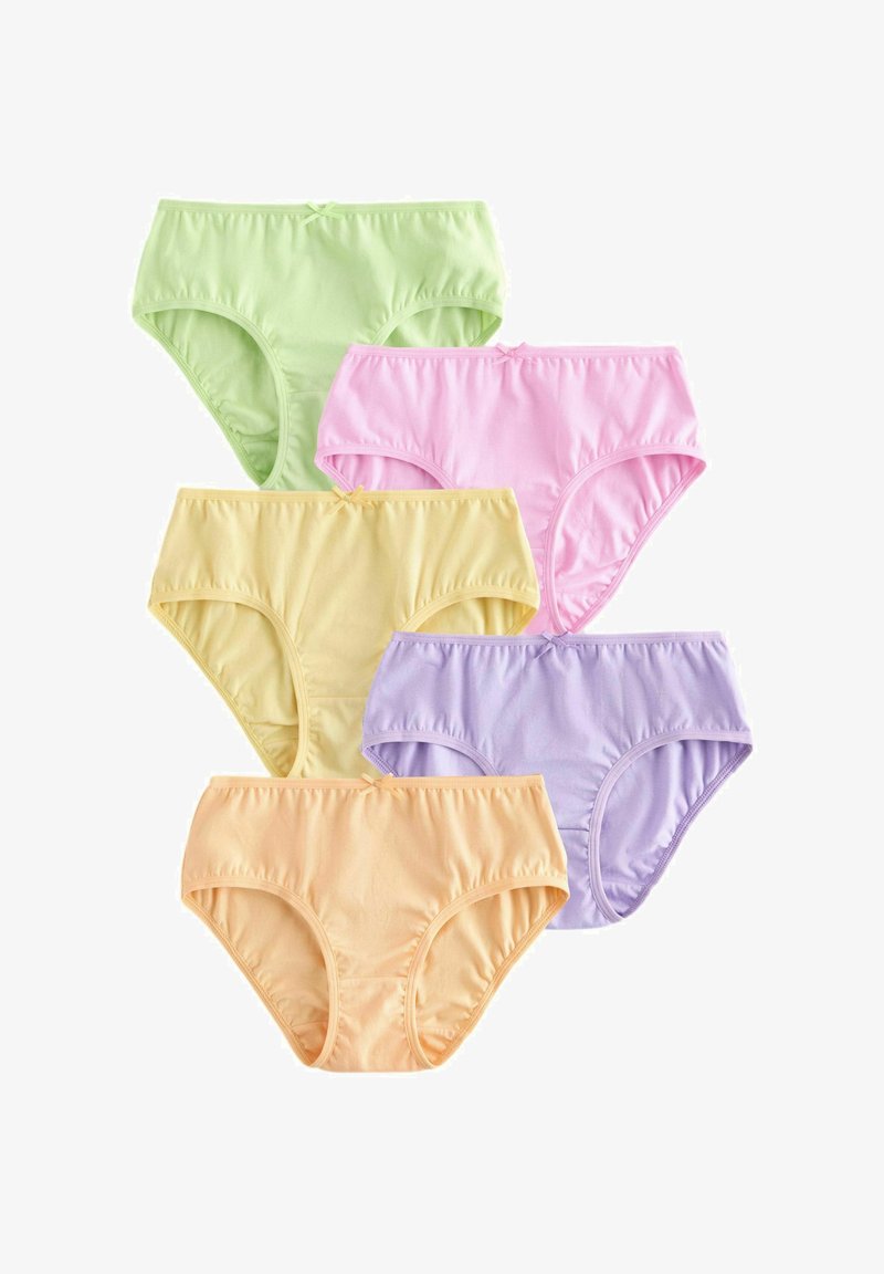 Five pairs of women's cotton underwear in pastel green, pink, yellow, purple, and peach, each with a small bow at the waistband.