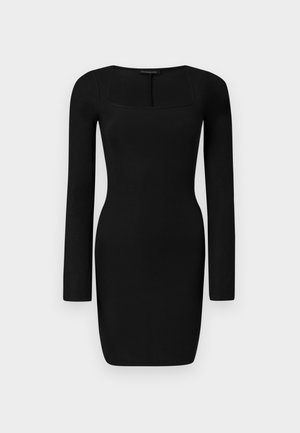 Schwarzes Langarmkleid aus Rippstoff, mit quadratischem Ausschnitt und enger Silhouette, in mittellanger Länge bis zur Oberschenke.